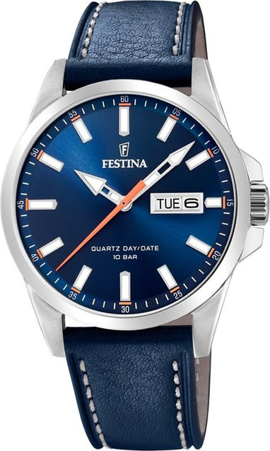 Festina Herrenuhr, Quarz, Edelstahl, Blau, Leder, 41 mm, 10 ATM - Bild 1
