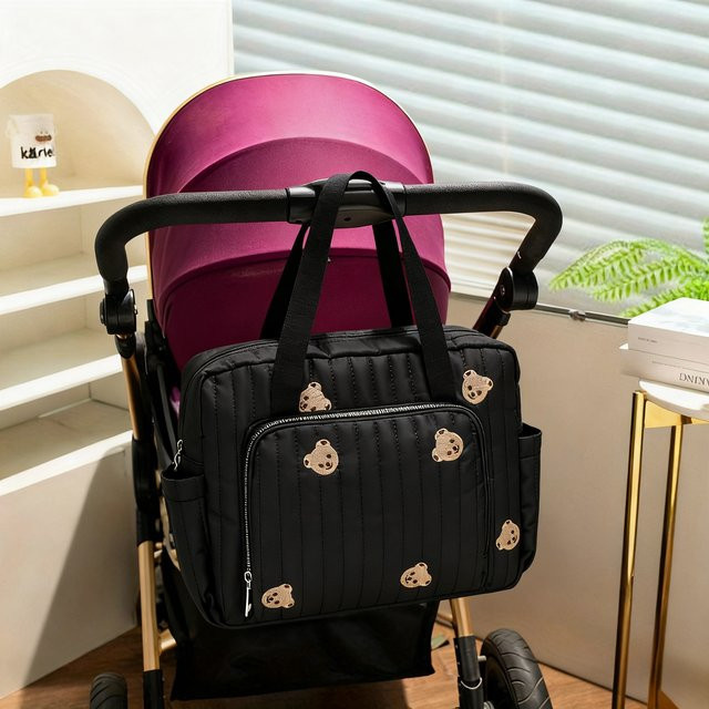 Universelle Kinderwagen-Organizer-Tasche mit Stickerei in Schwarz als Wickeltasche und Mama-Tasche für Reisekinderwagen - Bild 1
