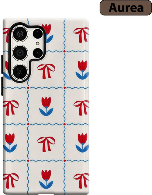 Stoßfeste Doppelschicht Handyhülle mit Rot-Blauer Schleife und Tulpen Patchwork für Samsung Galaxy S25 Ultra, S24 und S23 Ultra Plus - Bild 1