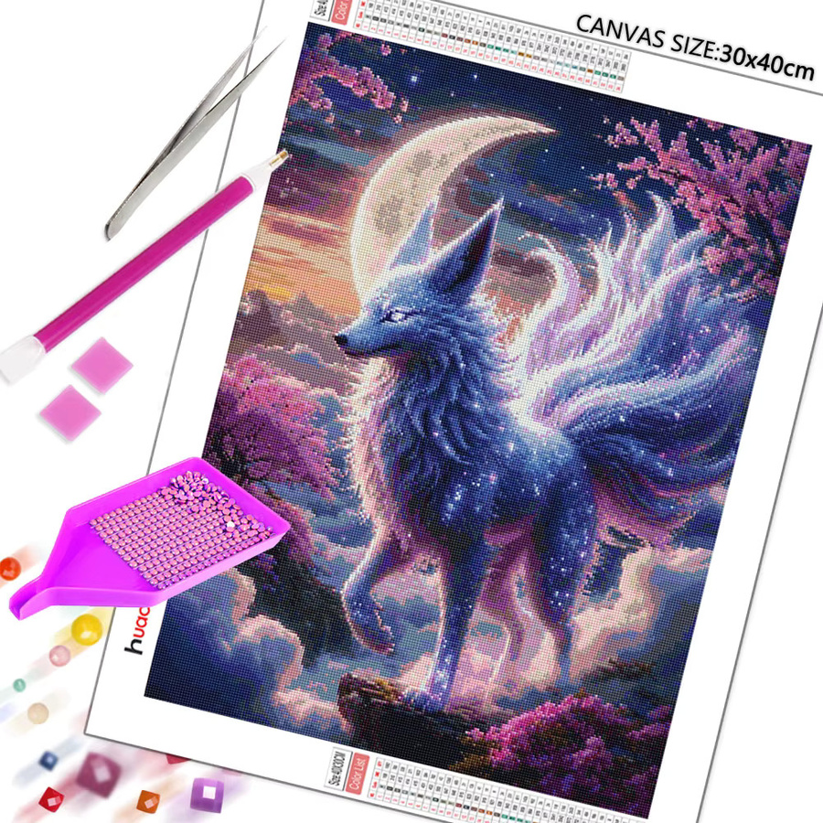 Huacan 5D-Diamantgemälde zum Selbermachen mit Mond und neunschwänzigem Fuchs, Diamantmosaik Tier-Motiv in Mehrfarben, B/H: 30 x 20 cm - Bild 2