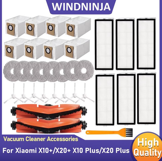WINDNINJA Ersatzteil-Set für Xiaomi X10 Plus und X20 Plus Roboter-Staubsauger mit Hauptbürste, Seitenbürste, HEPA-Filter, Wischtuch und Staubbeuteln - Bild 1