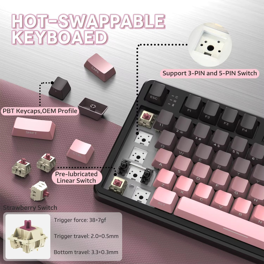 Attack Shark X87 Kabellose mechanische Gaming-Tastatur mit RGB-Hintergrundbeleuchtung und Hot-Swap in Weiß (Bluetooth, 2,4 GHz, USB-C) - Bild 4