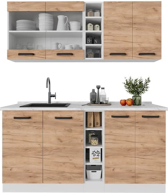 Vicco R-Line Singleküche Goldkraft Eiche/Weiß mit Marmor-Arbeitsplatte, Breite: 160 cm - Bild 1