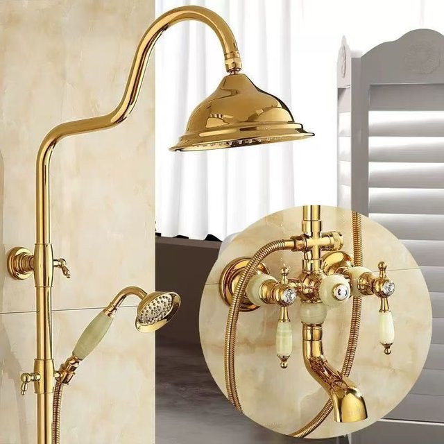 ZGRK Duschset aus Messing mit natürlicher Jade im europäischen Stil, Gold, Warm und Kalt - Bild 1
