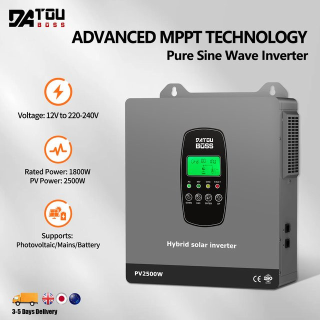 DATOUBOSS 12V 1800W Solar-Hybrid-Wechselrichter mit integriertem MPPT-Laderegler in Grau für Wohnmobile und netzunabhängige Stromversorgungssysteme - Bild 1