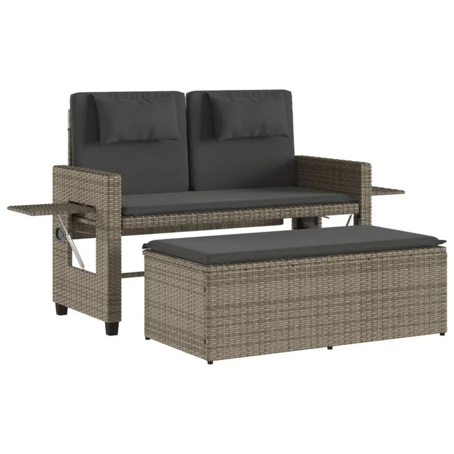 Furnicato Gartenbank aus grauem PE-Rattan mit Kissen und Armlehnen, verstellbar und wetterfest, B/T/H: 122 x 83 x 58 cm - Bild 2