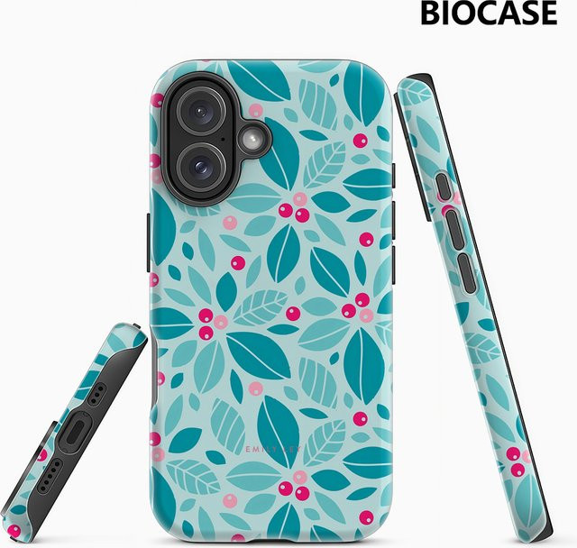 Handyhülle mit blaugrünen Blättern und Beeren für Apple iPhone 11 bis iPhone 17 Pro Max Plus in Doppelschicht-Bauweise - Bild 1