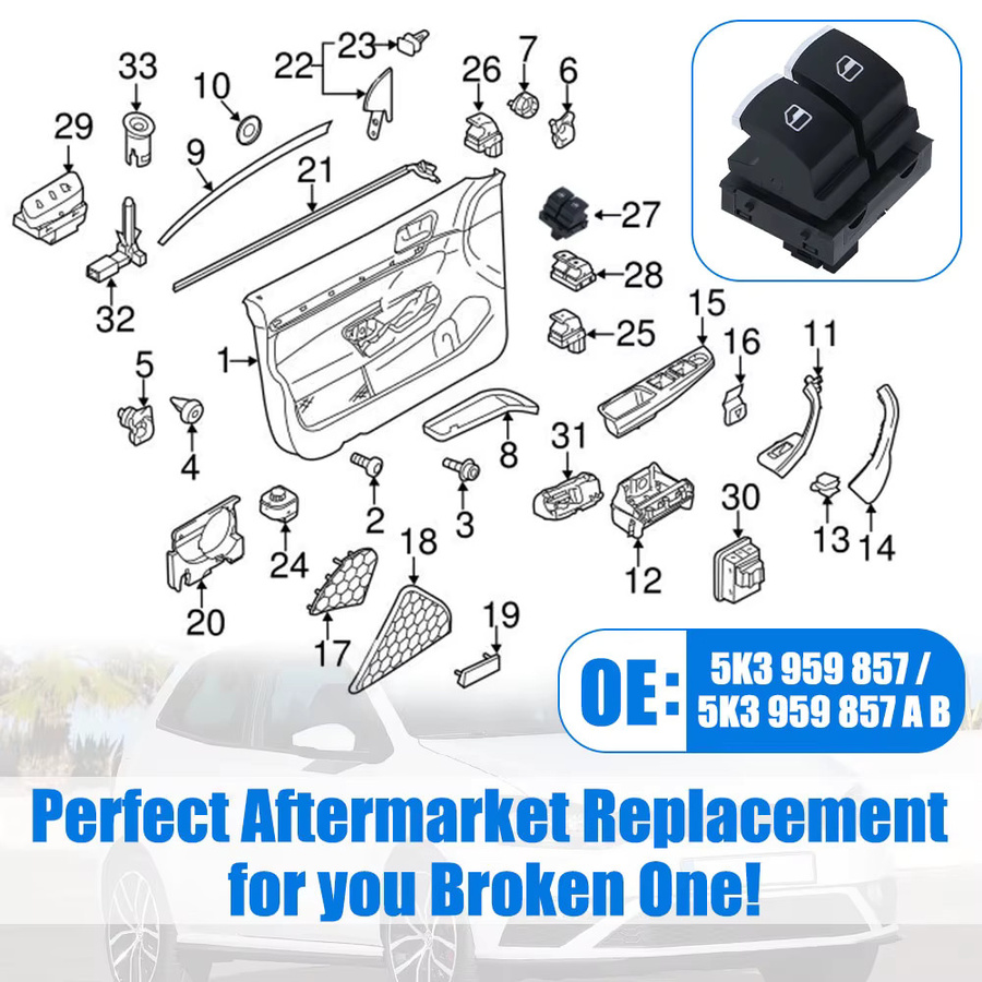 PQY Fensterheberschalter Knopf in Schwarz für VW EOS, Golf MK5, MK6 GTI, Scirocco, Tiguan und Polo 5 - Bild 4
