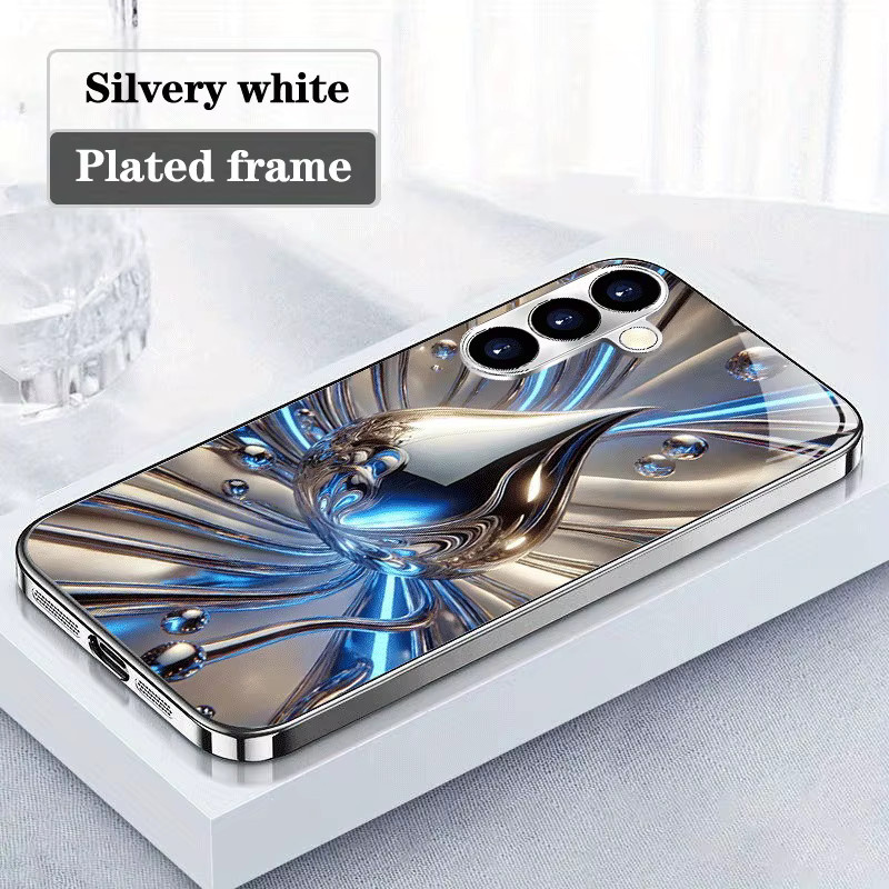 Blau-silberne Flüssigkristall-Handyhülle mit galvanisierter Silberbeschichtung und gehärtetem Glas für Samsung Galaxy S26 S25 S24 S23 Ultra Plus FE - Bild 2
