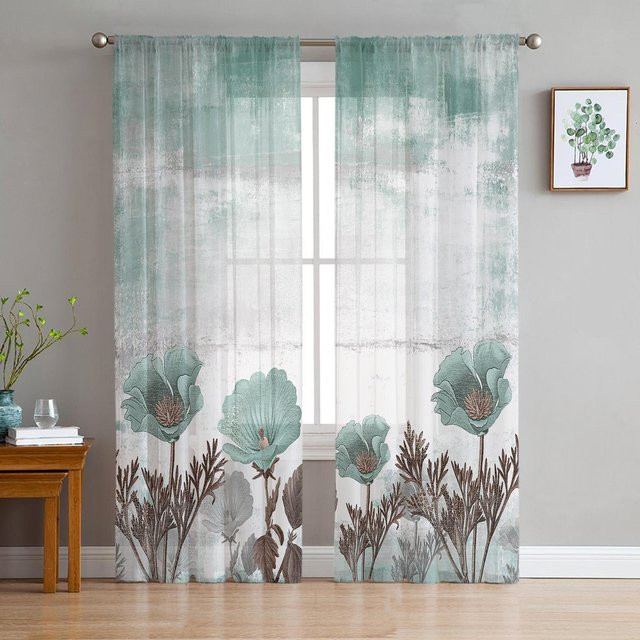 Transparente Voile-Vorhänge mit floralem Design in Weiß, Breite: 135 cm, Höhe: 115 cm - Bild 1