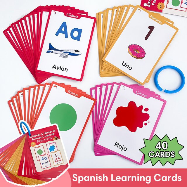 QKX Lernkarten für Kinder mit spanischem Alphabet, Zahlen, Farben und Formen, 40 Stück, Mehrfarbig - Bild 1