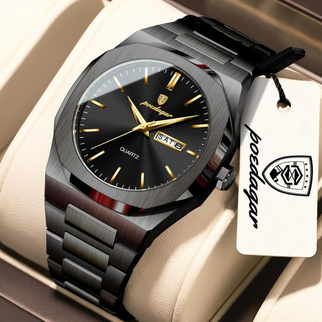 POEDAGAR Armbanduhr, Quarz, Edelstahl, Schwarz, Silber, Herren - Bild 1