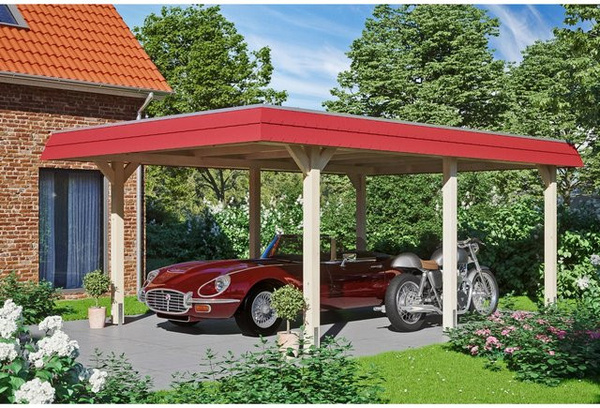 Wendland Skan Holz Carport Natur mit Alu-Dach und Blende Rot B/T/H: 628 x 409 x 247 cm