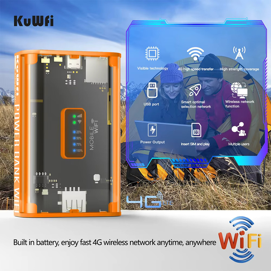 KuWFi 4G Mobile Router mit 5200 mAh Akku, 150 Mbit/s, 2,4 GHz WLAN, USB-C und Nano-SIM-Slot, Orange - Bild 2