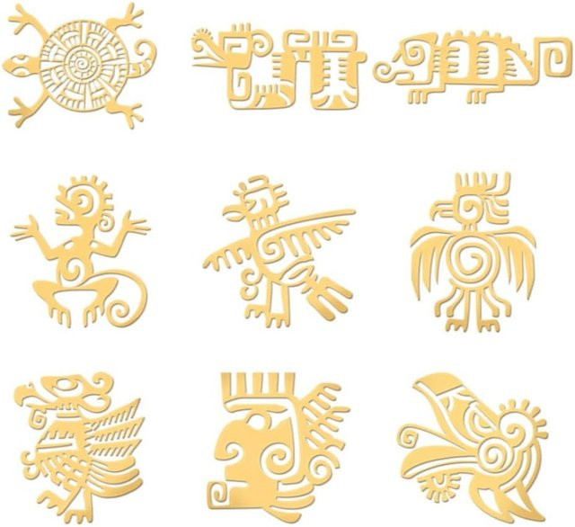 9 Stück selbstklebende Metallaufkleber mit Maya-Symbol im Tribal-Design, goldfarben, Epoxid-Aufkleber mit Pyramiden-Motiv, Größe: 4,06 x 4,06 cm - Bild 1