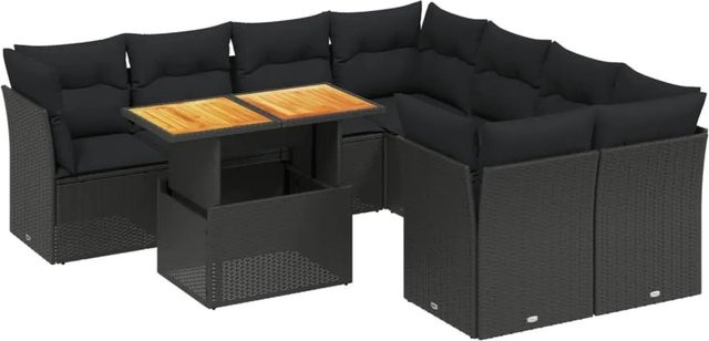 vidaXL 9-teilige Garten-Sofagarnitur in L-Form aus Poly-Rattan und Akazienholz mit Kissen, Schwarz - Bild 1