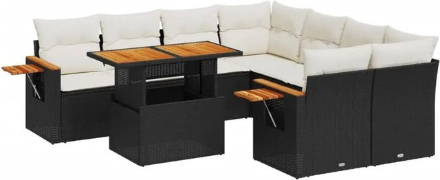 vidaXL 9-tlg. Garten-Sofagarnitur in L-Form aus schwarzem Poly-Rattan mit Kissen und pulverbeschichtetem Stahlrahmen - Bild 1