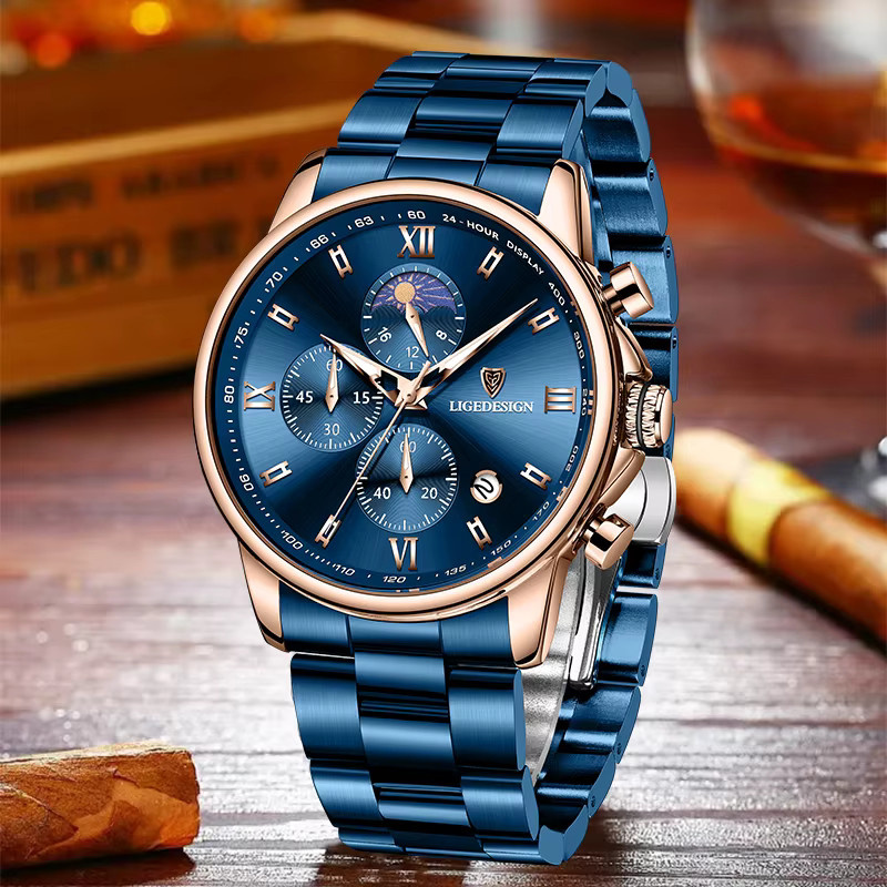 LIGE Armbanduhr Edelstahl, Quarz, Blau, Silber, Herren - Bild 3