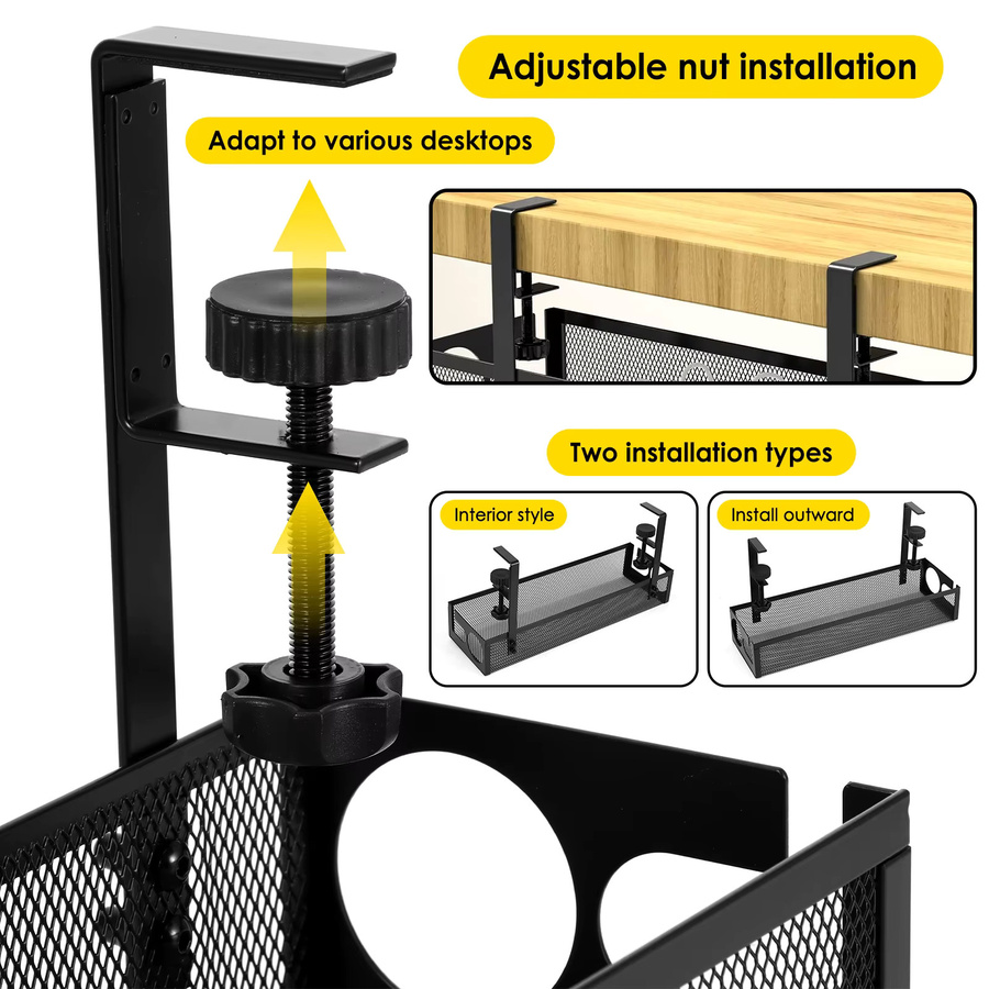 Kabelmanagement-Ablage aus Metall in Schwarz zur Untertischmontage mit Klemmhalterung und 2-Loch-Kabelkorb für Home-Office und Stehpulte - Bild 3