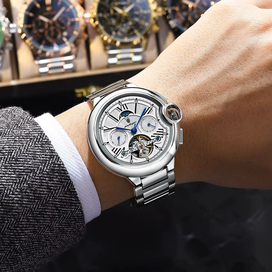 POEDAGAR Armbanduhr Automatik, Edelstahl, Silber, Herren - Bild 6