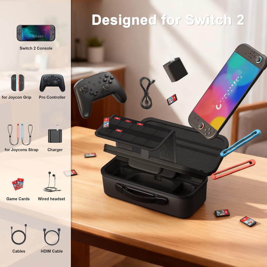 Nintendo Switch 2 Aufbewahrungstasche mit großem Fassungsvermögen, 2-lagige Hartschale für Controller und Zubehör, Schwarz - Bild 3