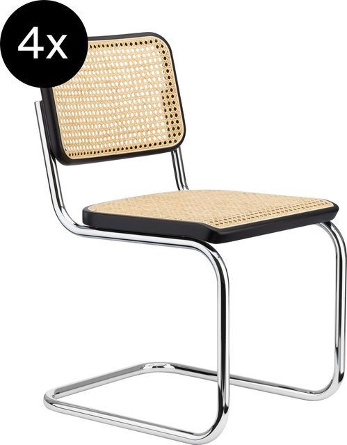 Thonet 4er Set S 32 V Freischwinger mit Rohrgeflecht in Schwarz und verchromten Rundrohren - Bild 1