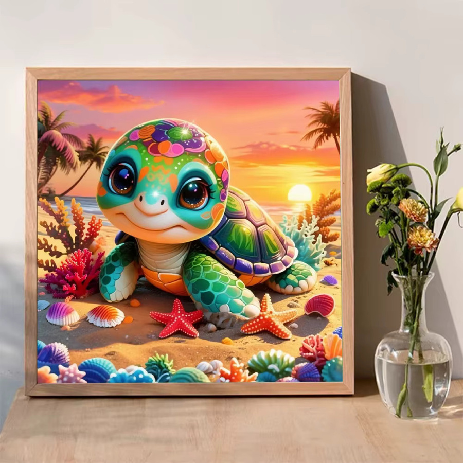 Momoart Diamantmalerei Schildkröte als DIY Kreuzstich Set, Runde Wandkunst im Cartoon-Stil, Mehrfarbig, Durchmesser: 20 cm - Bild 3