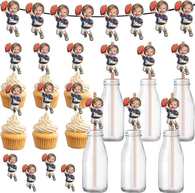 Cyuan Rugby Geburtstagsparty Dekoration Set in Mehrfarbig, bestehend aus Papierbanner, Geschenkaufklebern, Kuchendekoration und Strohhalm-Steckern - Bild 1