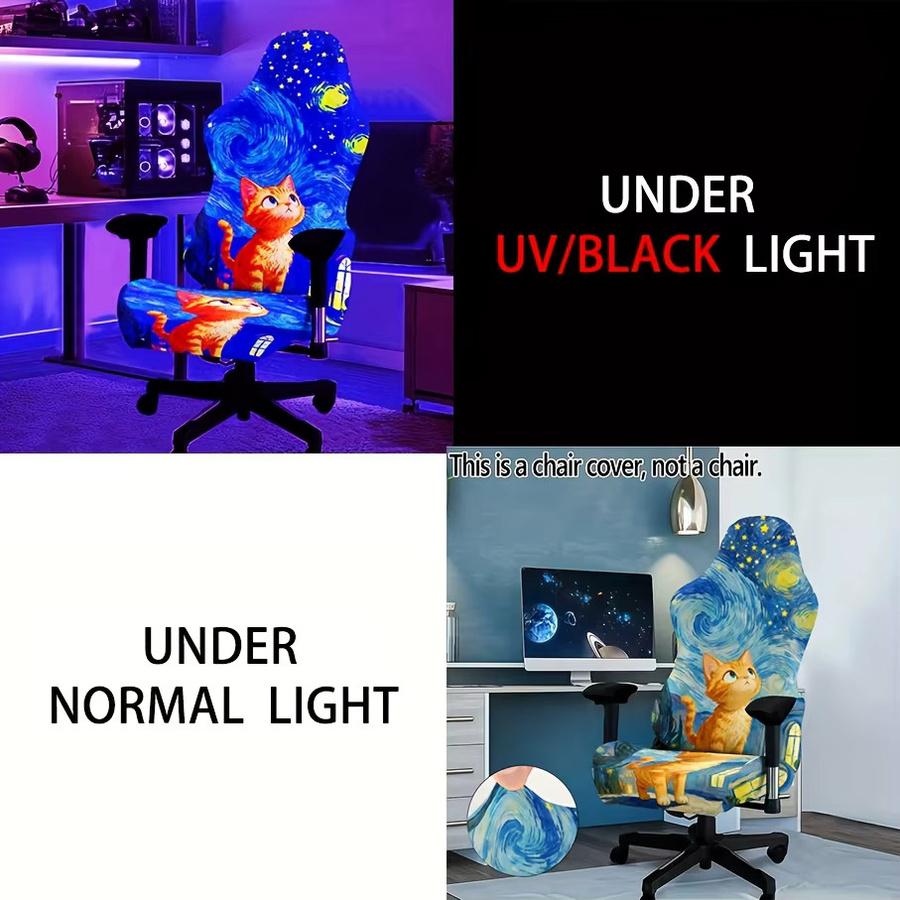Gaming-Stuhlbezug mit niedlichen Katzen unter der Sternennacht, UV-Schwarzlicht leuchtend, Blau, Polyester - Bild 2