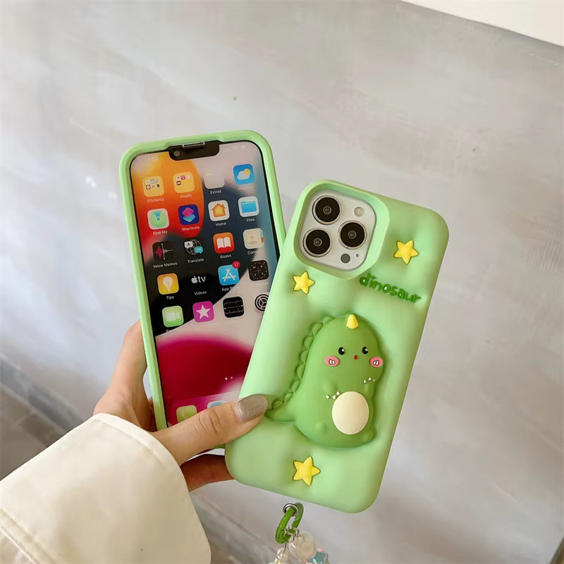 MUQGEW Silikon Handyhülle mit Kawaii Cartoon Dinosaurier für iPhone 12 bis 17 Pro Max, stoßfest und zur Stressbewältigung, Farbe: Grün - Bild 4
