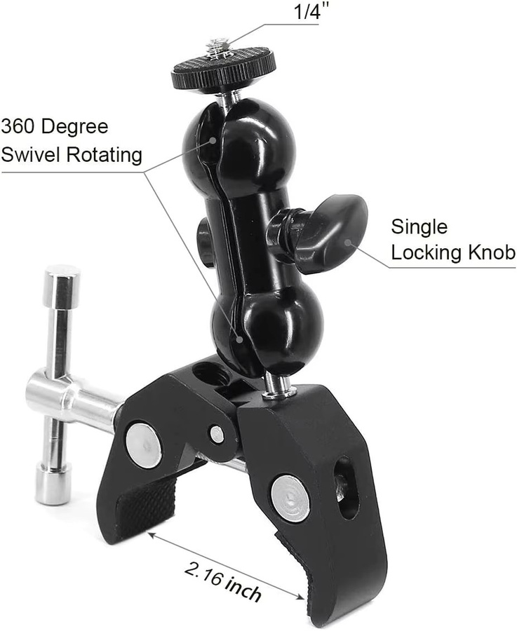 Lousxy Super Klemme mit 360 Grad Mini-Kugelkopf und Schnellspanner als Stativhalterung und Schraubklammer für DSLR-Kameras und GoPro 12 11 in Schwarz - Bild 4