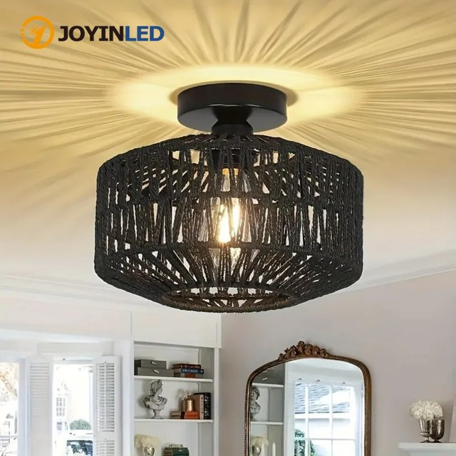 JOYINLED Handgefertigte böhmische Deckenleuchte aus Rattan in Schwarz und Holz-Optik - Bild 1