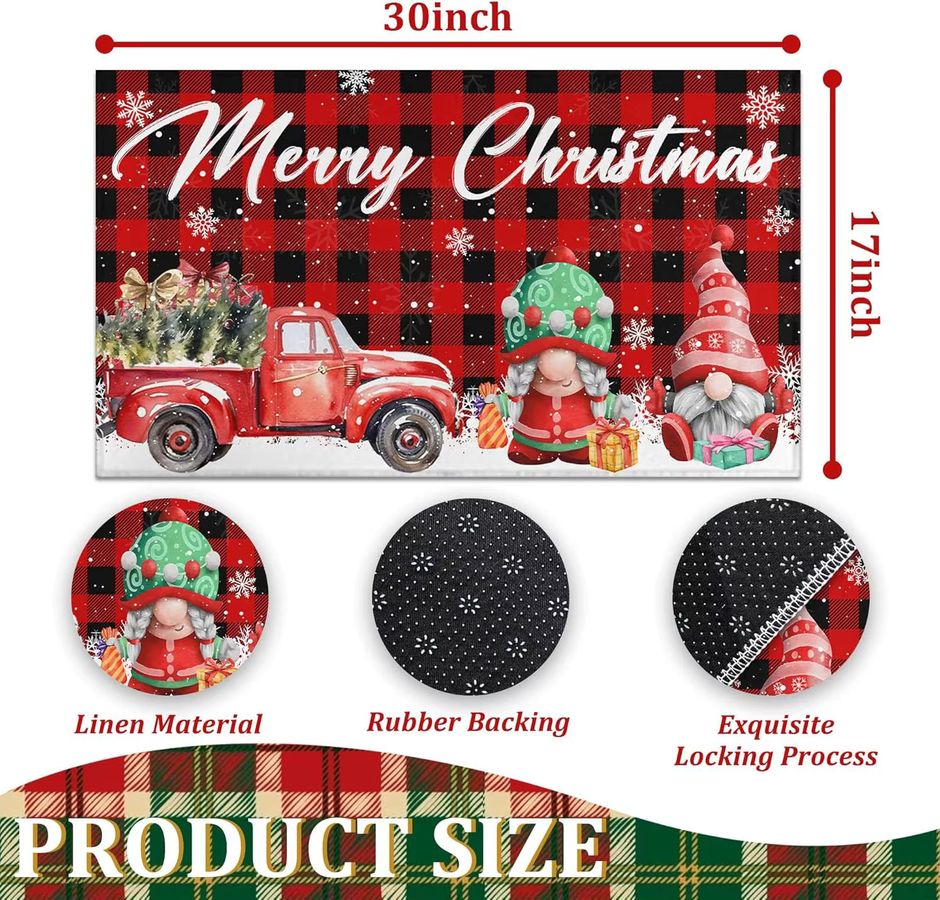 VIKAMA Rutschfeste Fußmatte mit Weihnachtsmotiv, rote LKW-Zwerge und Schneeflocken in Büffelkaro-Design für deine Winterdekoration - Bild 2