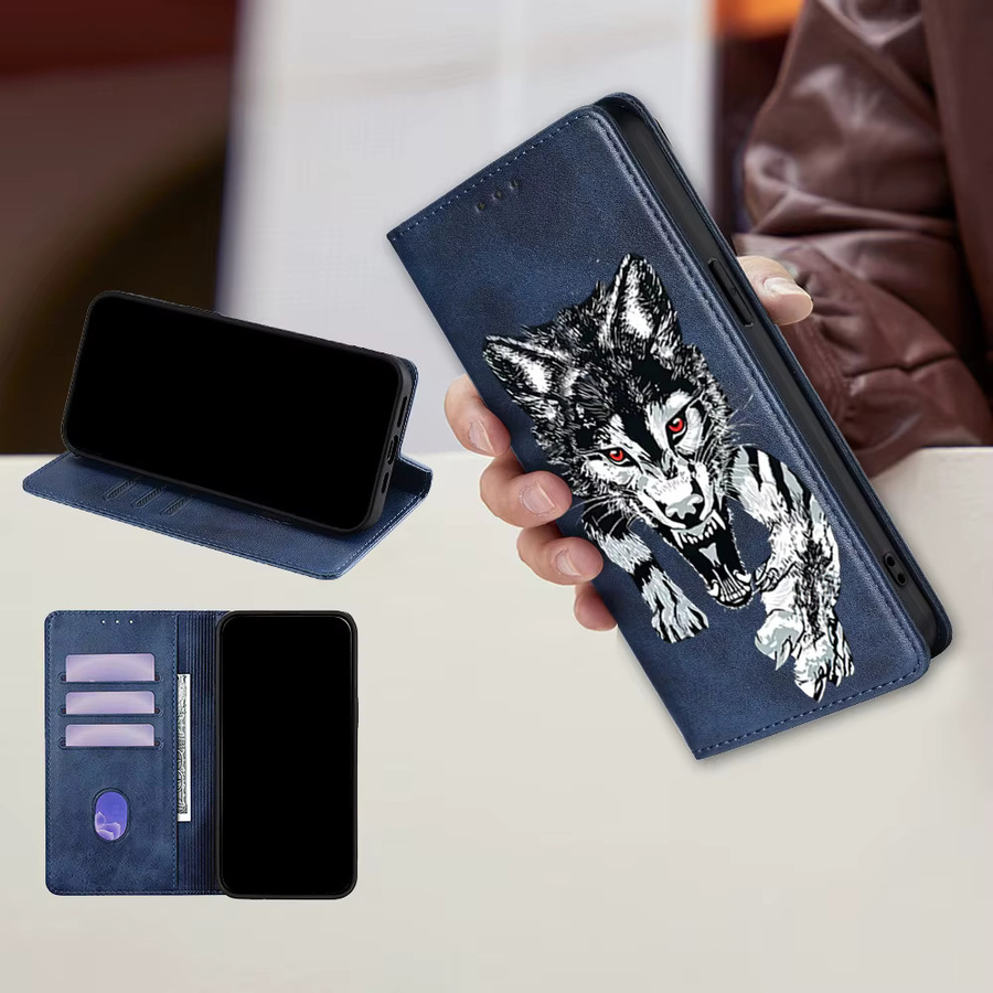 Lederne Brieftasche mit Wolf-Muster als Handyhülle für Samsung Galaxy S25 Ultra, S25 FE, S24, S23, S22, A17, A07, A56, A36, A26 mit Kartenfächern in Schwarz - Bild 3