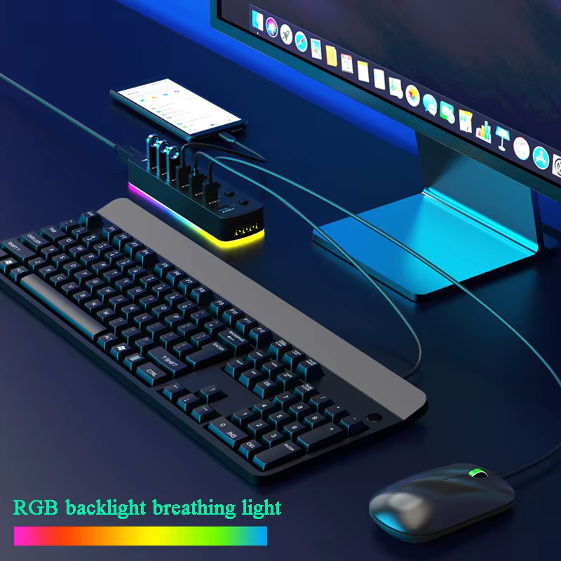 YUXI RGB USB 3.0 Hub mit 7 Ports und individuellen Ein/Aus-Schaltern, 5 Gbit/s Datenübertragung, Schwarz - Bild 2