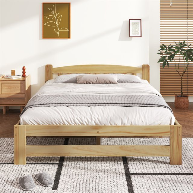 KOMHTOM Massivholzbett in Beige als Futon-Doppelbett mit Kopfteil und Lattenrost, Breite: 140 cm, Tiefe: 200 cm - Bild 1