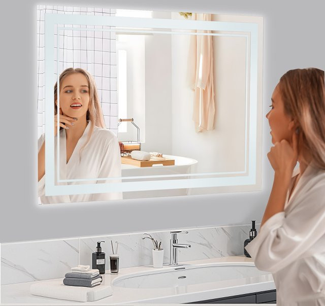 Bymaocar Wandmontierter LED-Badezimmerspiegel mit Doppelring-Beleuchtung in Silber, Touch-Schalter und einstellbarer Lichtfarbe für Make-up - Bild 1