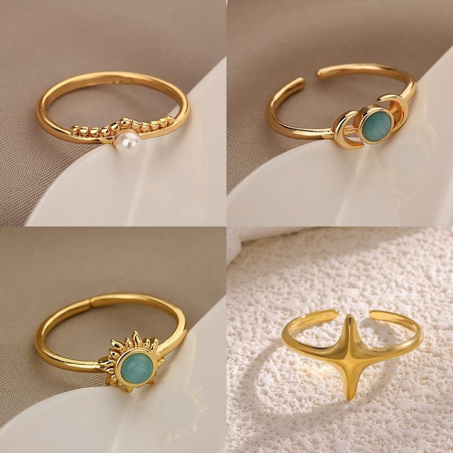 HPTOTMG Ring, vergoldet, blauer Stein, Zirkonia, Perle, Damen - Bild 1