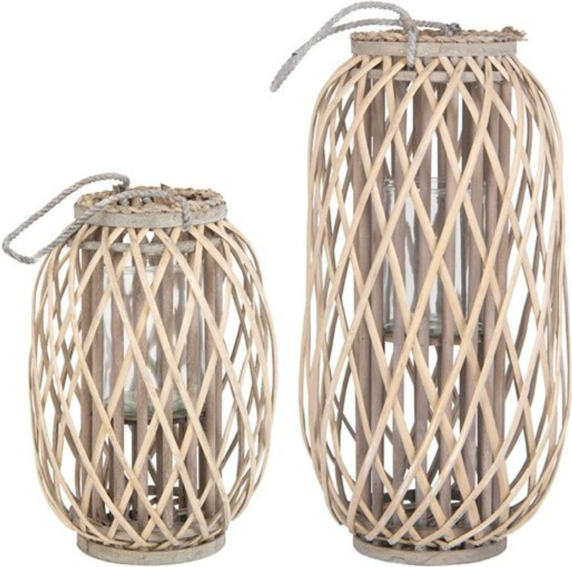 2er Set Riedlaternen von ECD Germany aus Rattan und Glas im Bohemian Stil, rund, Farbe: Beige, Höhe: 40 cm und 50 cm - Bild 1