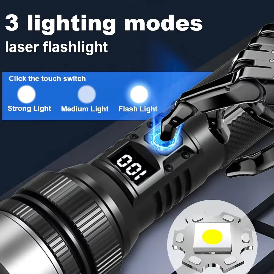 Heinast Ultrahelle LED-Taschenlampe in Schwarz, wiederaufladbare taktische Zoom-Taschenlampe für Camping und Notfälle - Bild 2