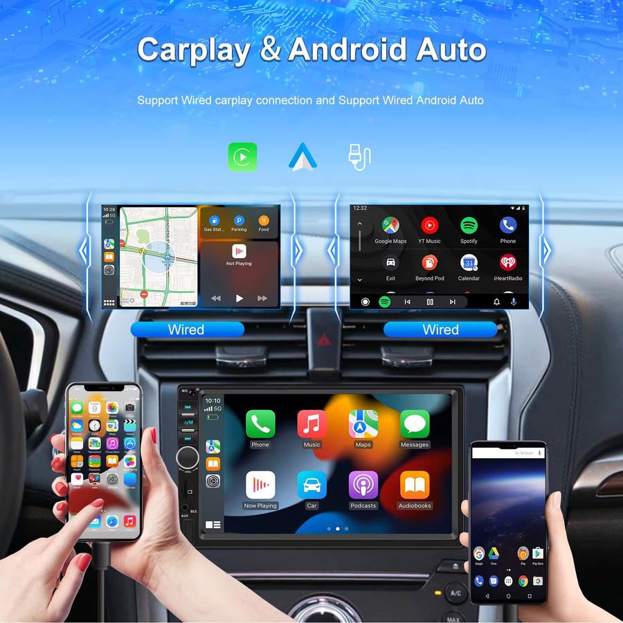 Podofo 2-DIN Autoradio mit 7 Zoll Display, kabelloses CarPlay, Android Auto, Bluetooth und Mirror Link in Schwarz - Bild 2