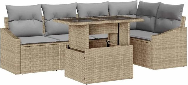 vidaXL Garten-Sofa-Set 6-teilig in L-Form mit Kissen und Couchtisch, Beige und Hellgrau - Bild 1