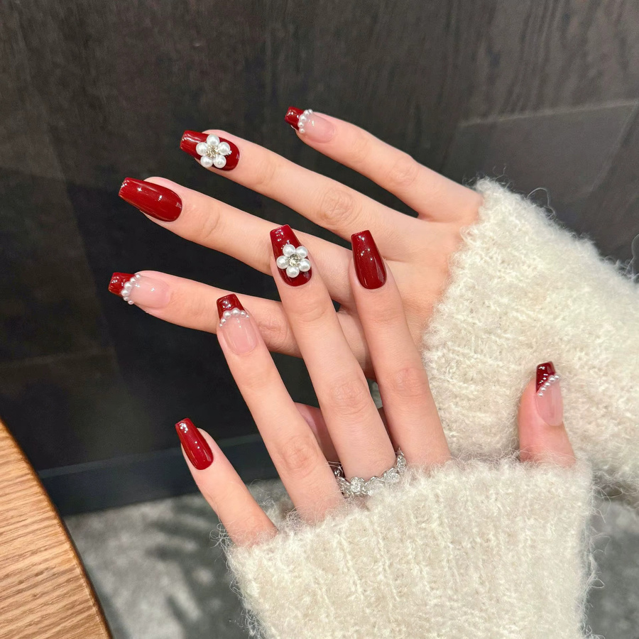 YADORNOS Kunstnägel, rot, 3D-Perlen-Blumen-Design, glänzend, Kinder - Bild 2