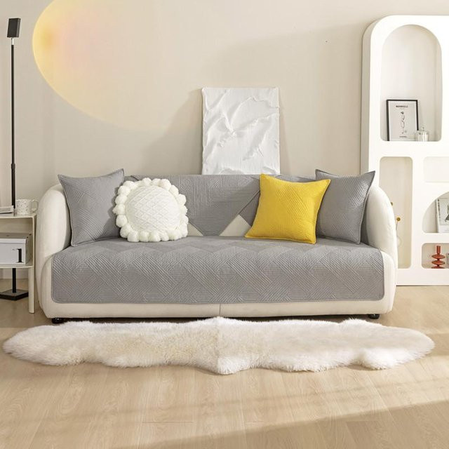 Rutschfeste Sofamatte in L-Form aus Baumwolle mit Querstreifen, Grau, Breite: 70 cm, Tiefe: 70 cm - Bild 1