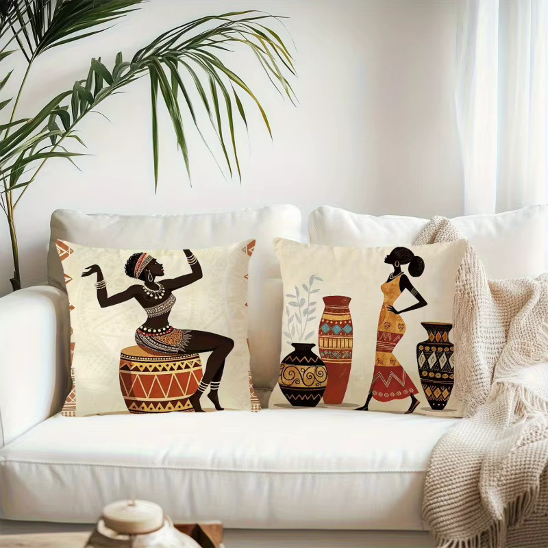 VIKAMA 2-teiliges Kissenbezug-Set im Art-Deco-Stil, quadratische Sofakissen in Beige mit Grafik-Design - Bild 4