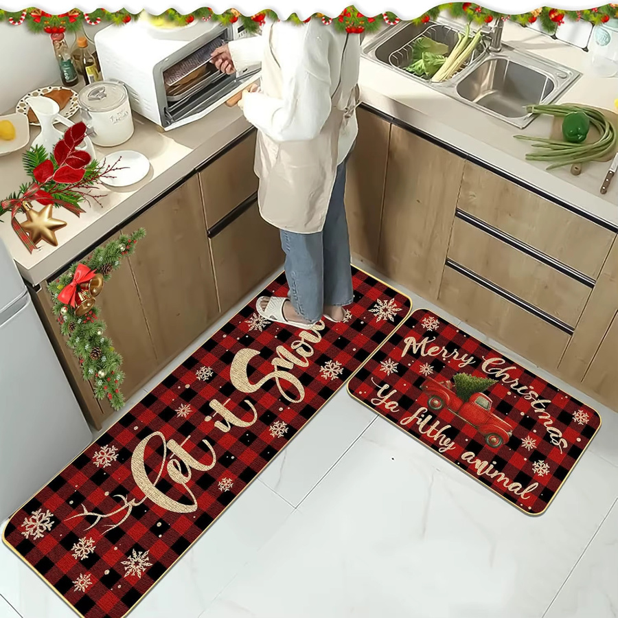 VIKAMA 2er-Set Weihnachtliche Fußmatten aus Kristall-Samt, rutschfeste Winter-Bodenmatten für Küche und Eingangsbereich - Bild 1