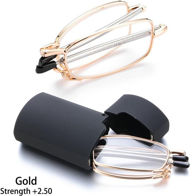 Zusammenklappbare Lesebrille, Gold, Grau, Unisex, Metall, Vollrand, rechteckig - Bild 1