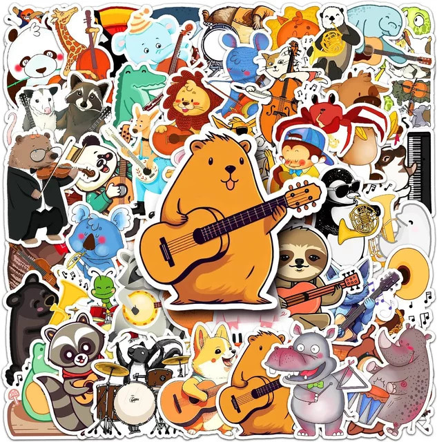 50 Stück GOGOTU Cartoon Tier Konzert Aufkleber mit Musikinstrumenten und Gitarren für DIY Graffiti an Helm, Fahrrad, Laptop oder Tagebuch, Multicolour - Bild 1