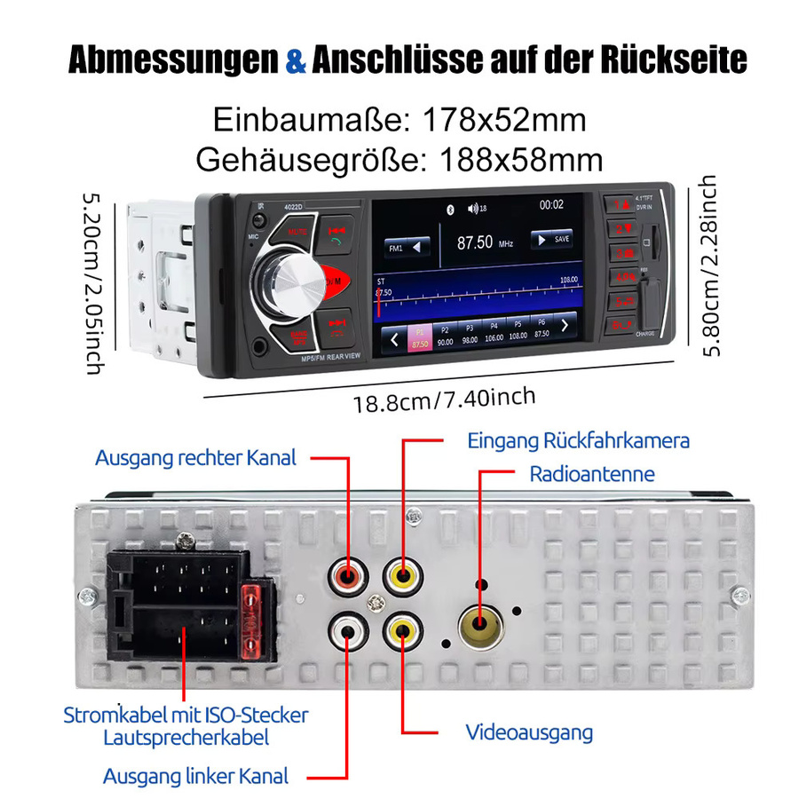 MOPECT 1DIN Autoradio in Schwarz mit Bluetooth-Freisprechfunktion, MP3-Player, USB/TF-Kartensteckplatz, Aux-Eingang und FM/AM-Radio in 7 Farben - Bild 6
