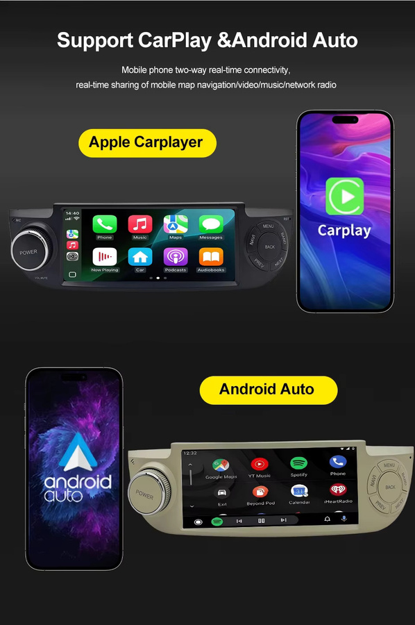 YaYp Android 15 Autoradio mit 6,86 Zoll Touchscreen für Fiat 500 (2007–2015), Schwarz, Wireless CarPlay, GPS, Bluetooth, WiFi und Dual USB - Bild 4